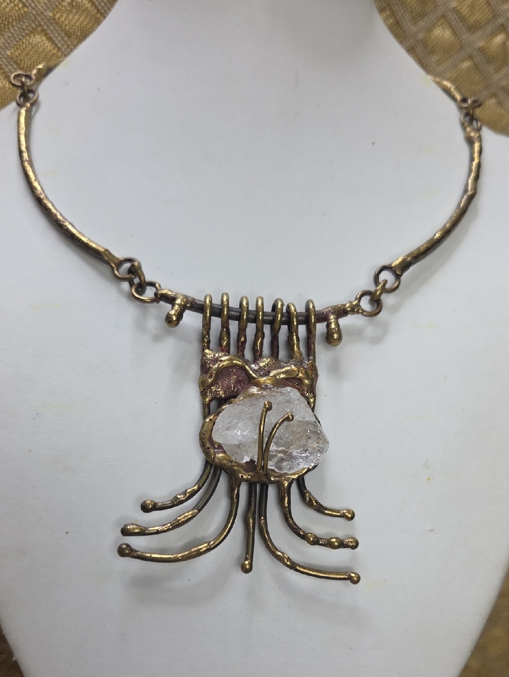Brutalist Artisan Handmade Statement Necklace with Clear Raw Crystal Pendant